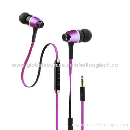 Long flat wired metal earphone with volume control, fashionable and durable